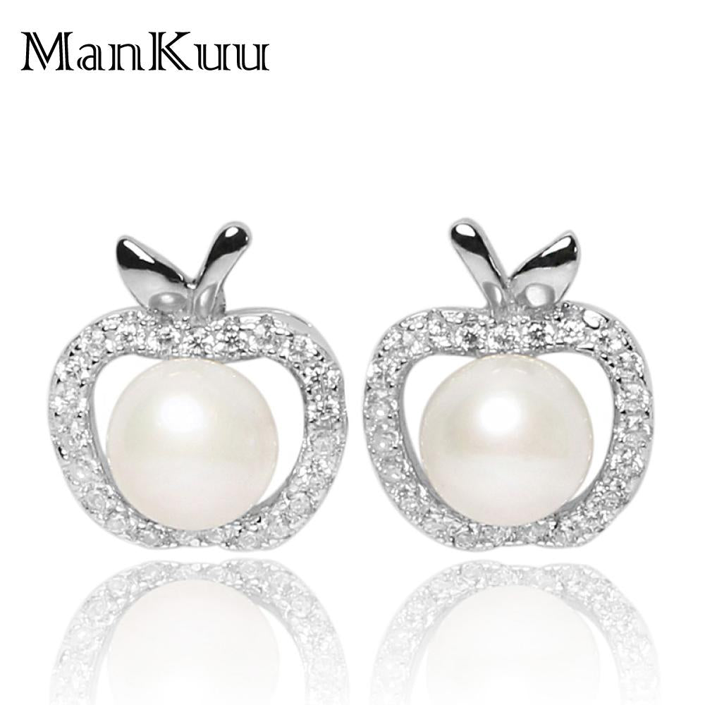Tendy 925 Sterling Silver Natural Pearl Earrings AppleShape Stud Earrings Rhinestone Fashion Jewelry For Women