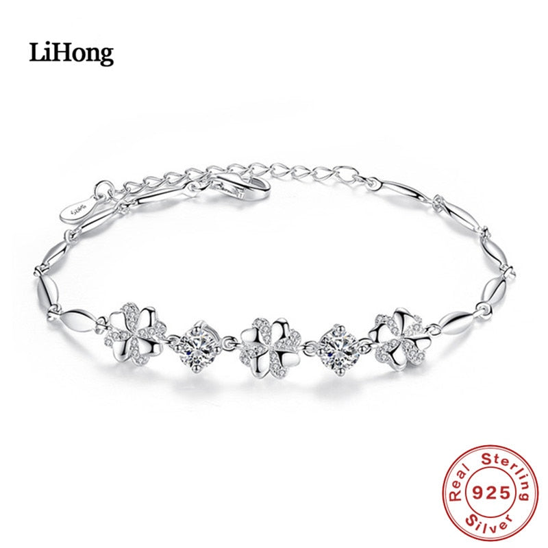 Marca Cubic Zirconia 925 Sterling Silver Bracelet para As Mulheres Genuine 925 Prata Flor Charme Chain Link Bracelet Jewellry