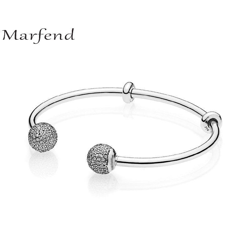 Marfend Fine 100% Sterling Silver 925 Elegant CZ Open Charm Bracelet & Bangle For Women Anniversary Wedding Jewelry
