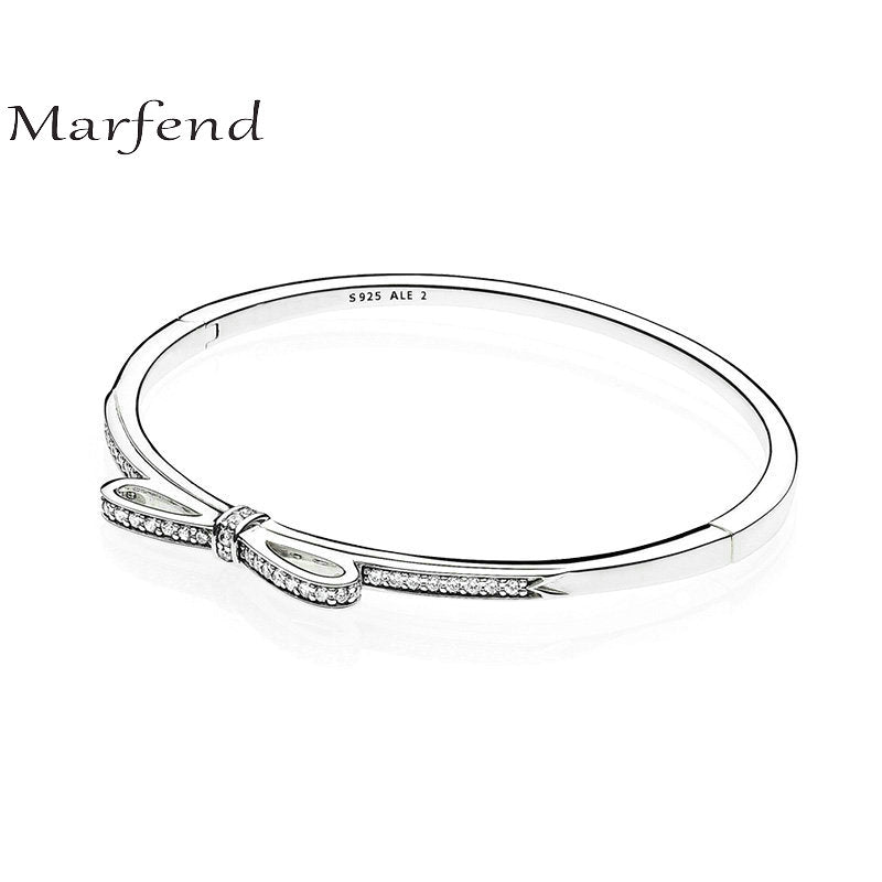 Marfend Fine 100% Sterling Silver 925 Elegant Paved CZ Bowknot Bracelet & Bangle For Women Anniversary Wedding Jewelry