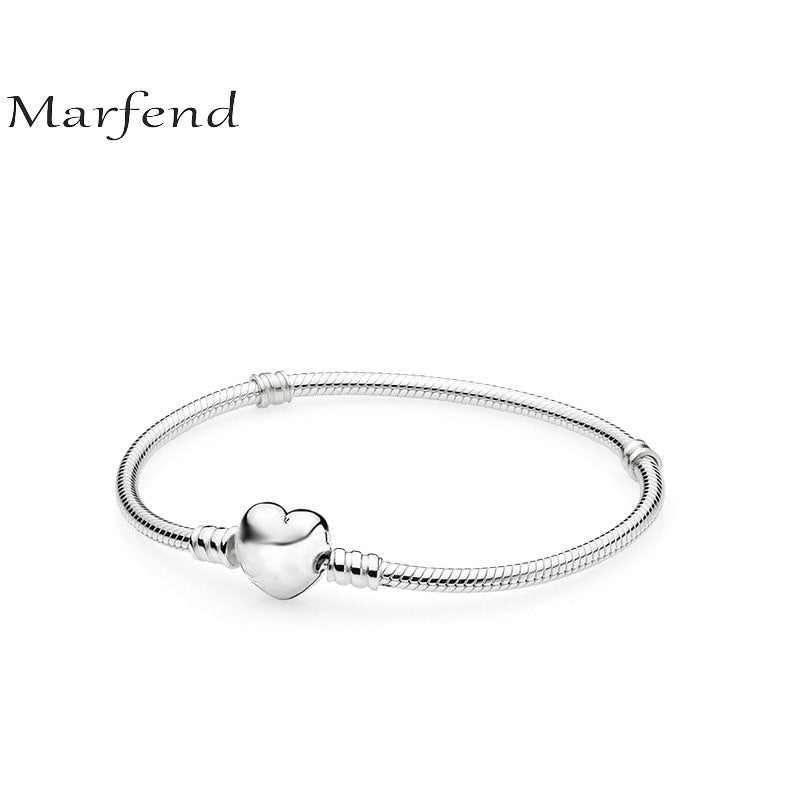 Marfend Fine Detail Authentic Sterling Silver 925 Snake Chain Heart Clip Charm Bracelet & Bangle Luxury Women Jewelry 16cm-21cm