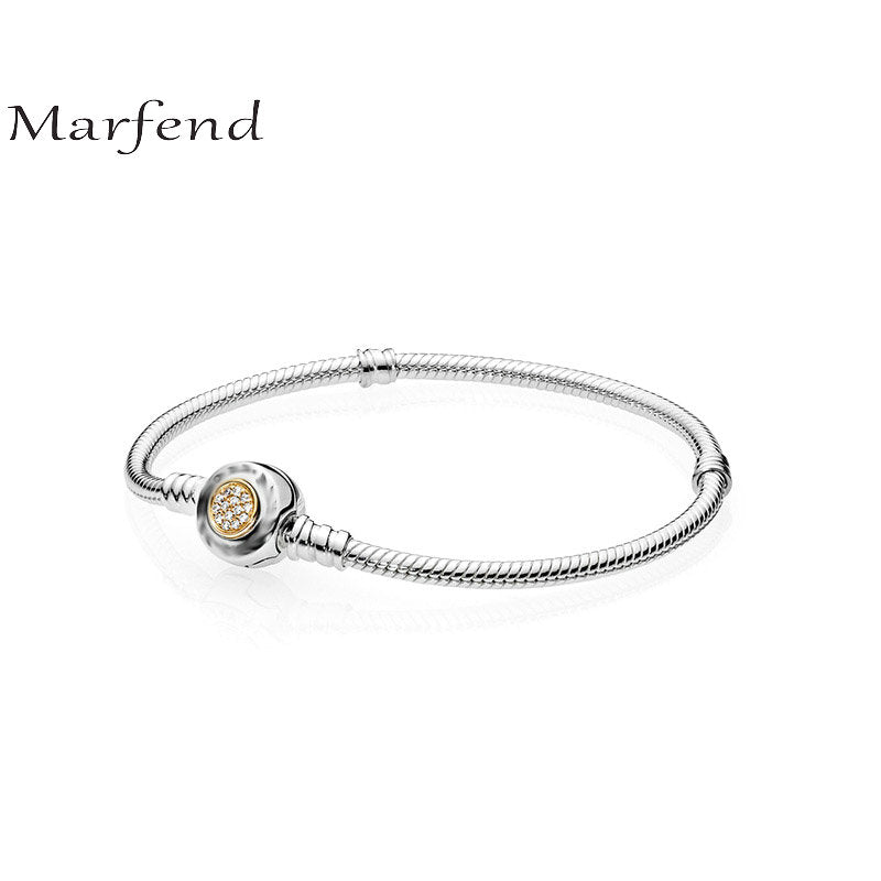 Marfend Fine Sterling Silver 925 Snake Chain 14K Gold Pave Setting Charm Bracelet & Bangle Fit Original brand Jewelry 16cm-20cm