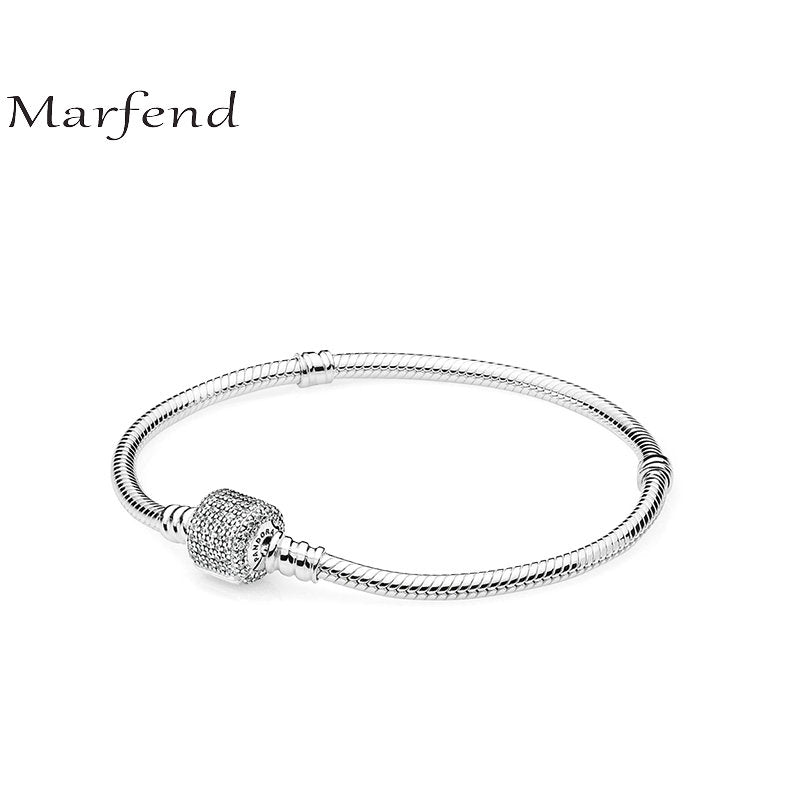 Marfend Fine Sterling Silver 925 Snake Chain Paved CZ Charm Bracelet & Bangle Fit Original brand Women Jewelry 16cm-21cm