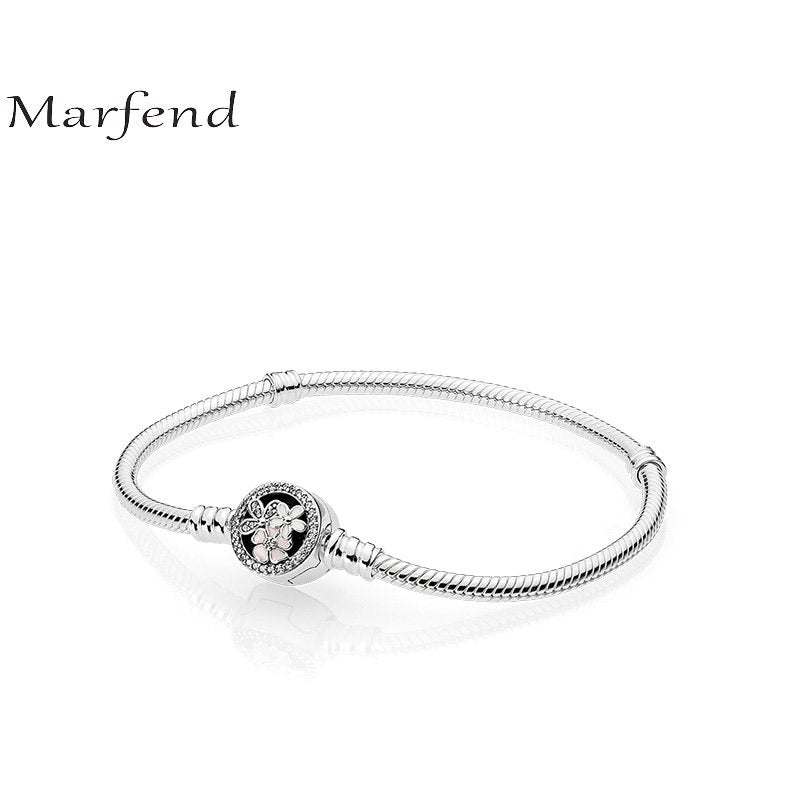 Marfend Fine Sterling Silver 925 Snake Chain Poetic Flower Blooming Charm Bracelet Bangle Fit Original brand Jewelry 16cm-20cm