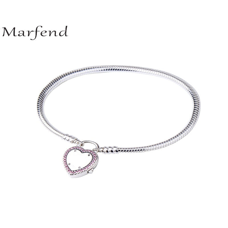 Marfend Real 925 Sterling Silver Heart-shaped lock Button Charm Bracelet For Women Original Brand Jewelry Valentine's D Gifts