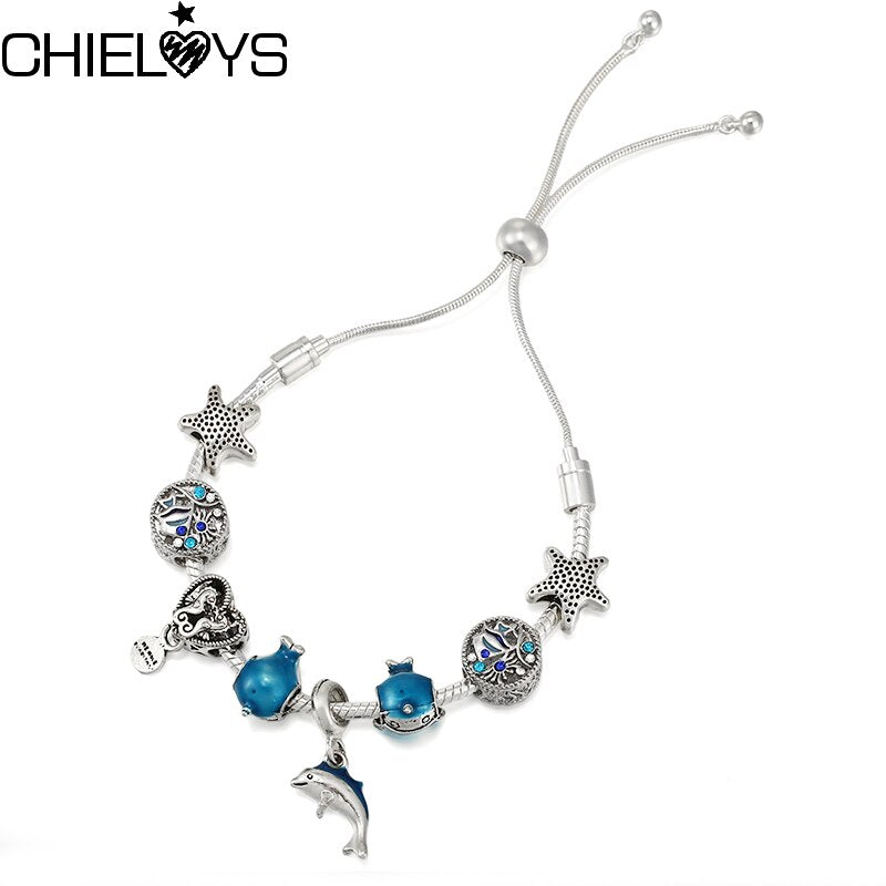 Marine Style Starfish Beads Chain Bracelet With Whale Pendant DIY Adjustable Charm Bracelets For Women  Jewelry