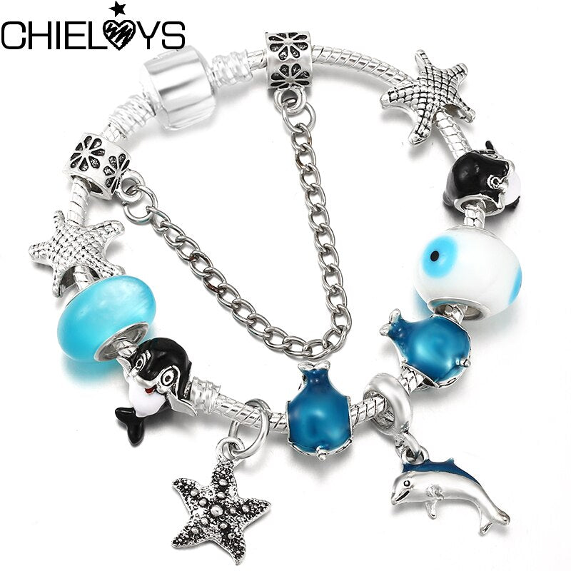 Marine Style Whale Beads Brand Bracelet With Starfish Pendant Snake Chain Charm Bracelets For Women Jewelry Gift
