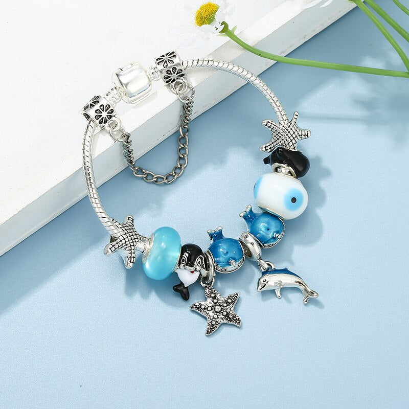 Marine Style Whale Beads Brand Bracelet With Starfish Pendant Snake Chain Charm Bracelets For Women Jewelry Gift