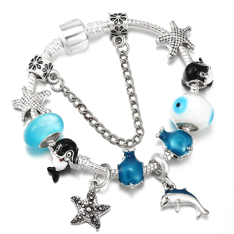 Marine Style Whale Beads Brand Bracelet With Starfish Pendant Snake Chain Charm Bracelets For Women Jewelry Gift