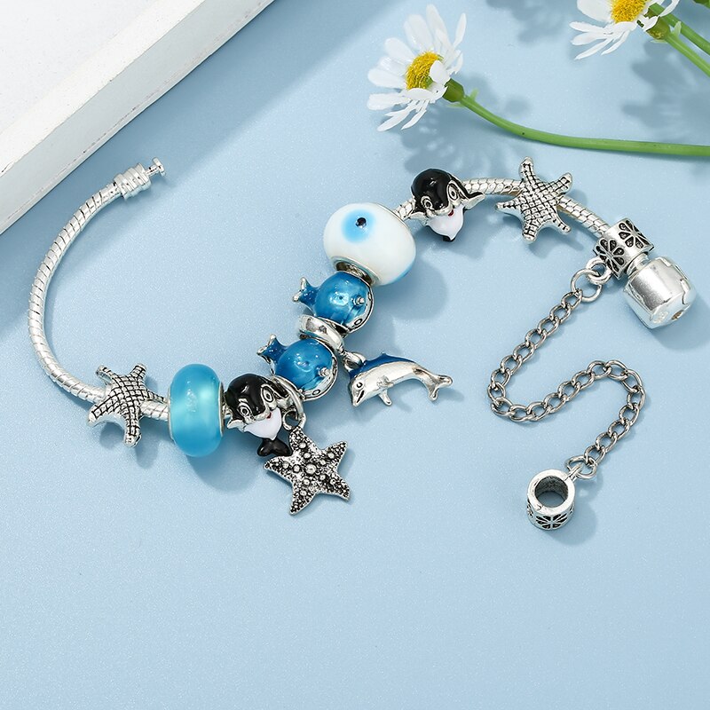 Marine Style Whale Beads Brand Bracelet With Starfish Pendant Snake Chain Charm Bracelets For Women Jewelry Gift