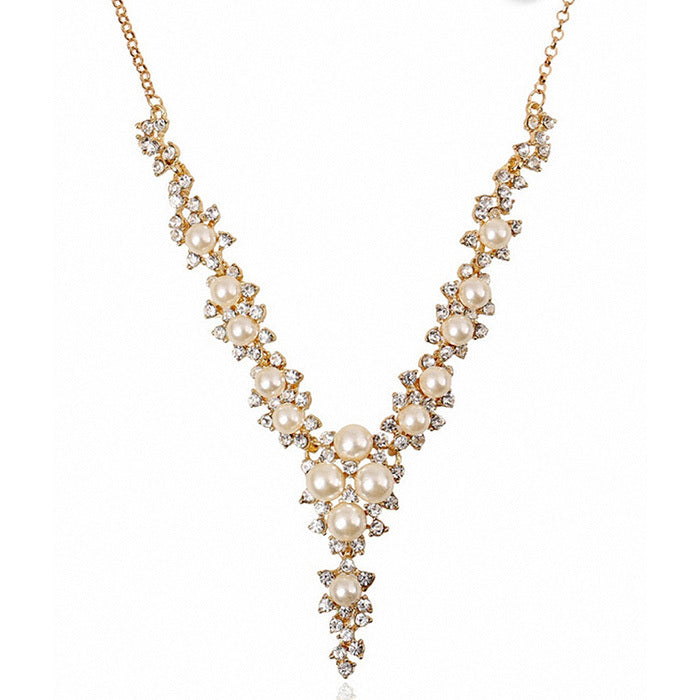 Simulated Pearl Crystal Collar Bib Temperament Statement Necklace Women V-shaped Necklaces & Pendants Jewelry