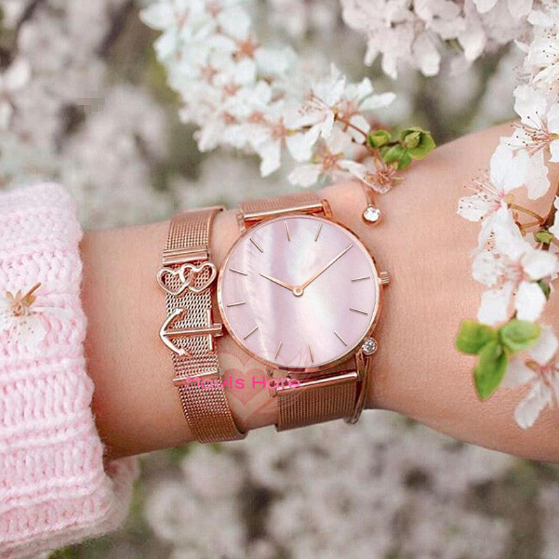 Rose Gold Pink Seashell Mesh Charm Bracelet Set with Pearl dial Wristwatch and Crystal Cuff Bangle as gift