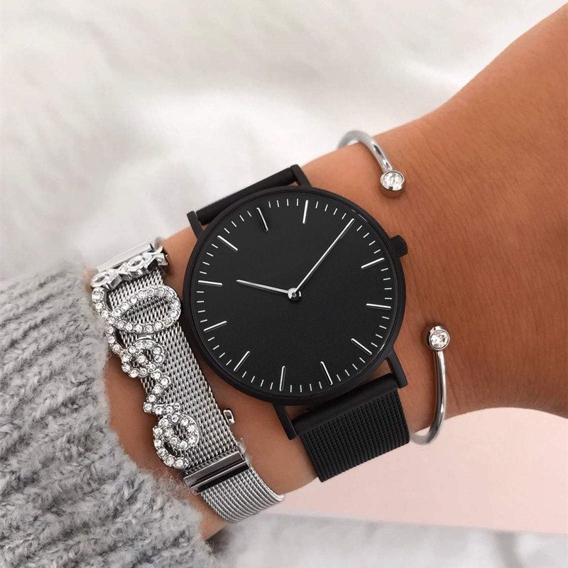 Silver Mesh Strap XOXO LOVE Story Bracelet Set with Black Feliz Mesh Wrist Watch and Crystal Cuff Bangle