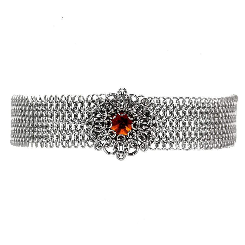 Mavra Handmade Woven Chain Metal Choker Necklace With Glass Crystal Stone Chainmail Jewelry