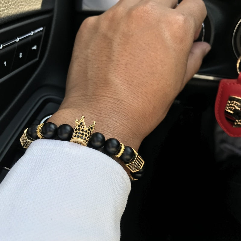 Micro Pave Black C Zirconia Gold King Crown Charm Bracelet Men Dull Polish Matte Stone Bead Bracelet erkek bileklik