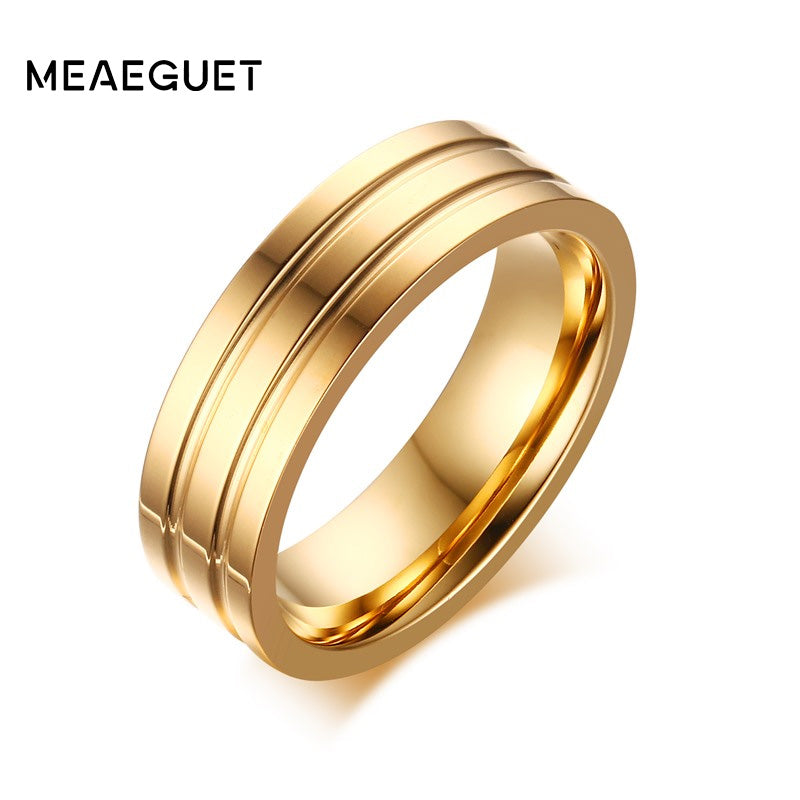6mm Woman Men Gold-color Stainless Steel Rings Polished Double Groove Wedding Bands Jewelry