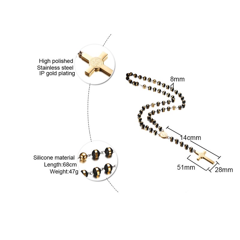 Meaeguet Black/Gold Color Long Rosary Necklace For Men Women Stainless Steel Bead Chain Cross Pendant Women's Men's Gift Jewelry