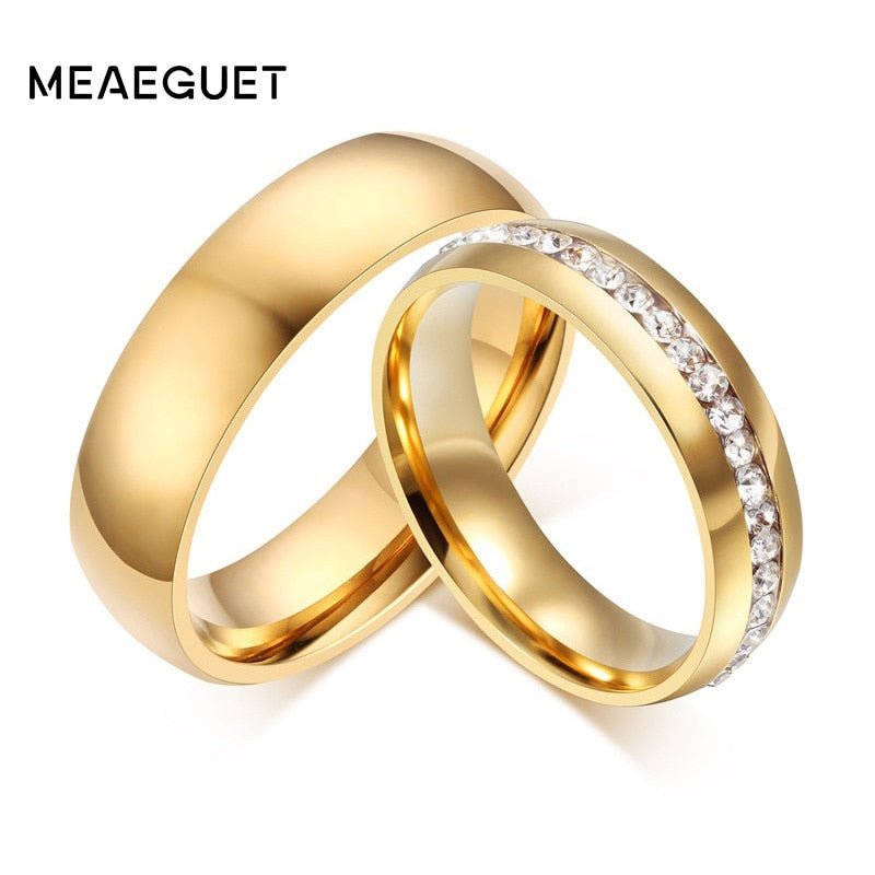 Gold color Stainless Steel Wedding Bands Shiny Crystal Ring for Female Male Jewelry 6mm Engagement Ring USA Size 5-13