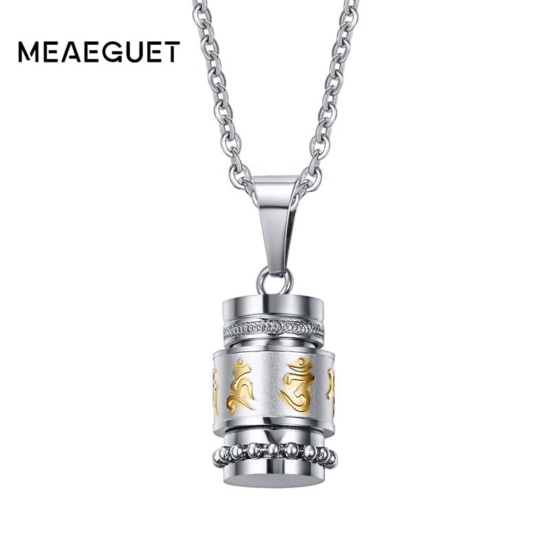 Om Mani Padme Hum Spinner Pendant Necklace For Women Buddhism Style Party Vintage Stainless Steel Jewelry