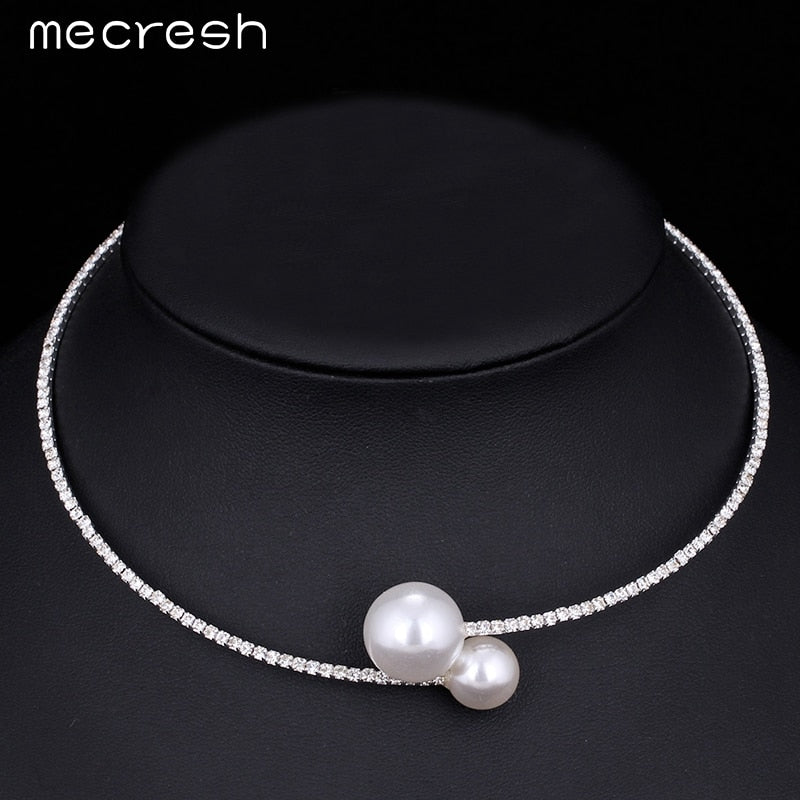 Rhinestone Torques Necklace For Women Simple Cute Simulated Pearl Ball Choker Silver Color Wedding Jewelry MTL415-X