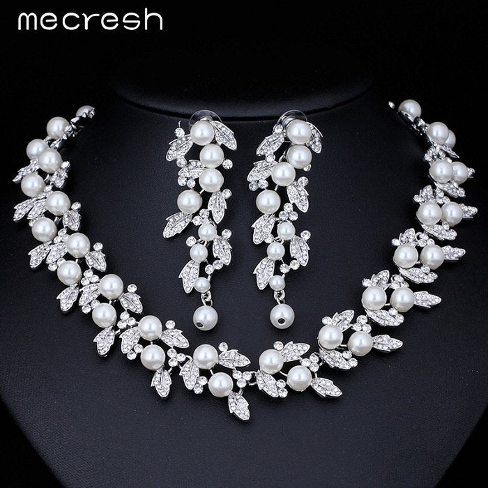 Simulated Pearl Bridal Jewelry Sets Silver / Gold-Color Necklace Set Wedding Jewelry Parure Bijoux Femme TL283+SL089