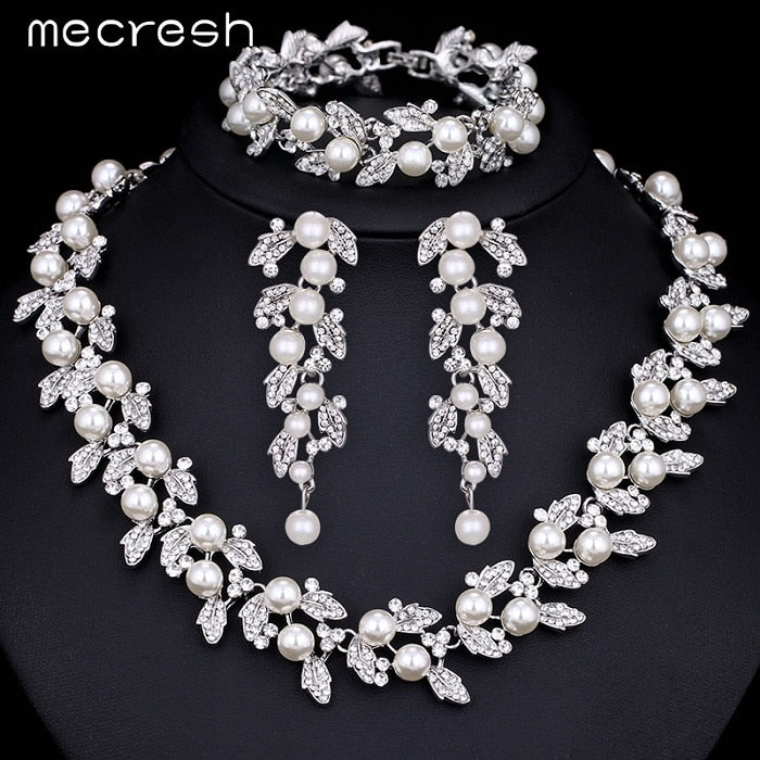 Simulated Pearl Bridal Jewelry Sets Silver / Gold-Color Necklace Set Wedding Jewelry Parure Bijoux Femme TL283+SL089