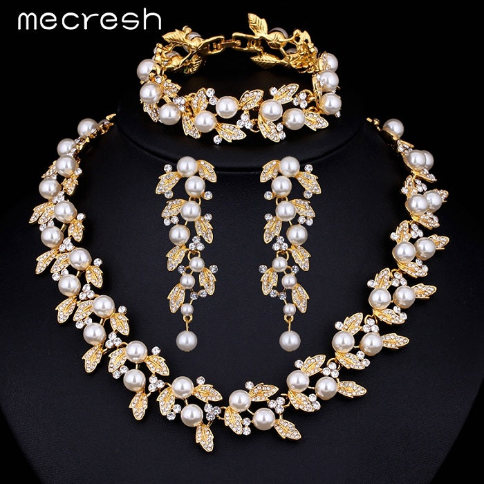 Simulated Pearl Bridal Jewelry Sets Silver / Gold-Color Necklace Set Wedding Jewelry Parure Bijoux Femme TL283+SL089