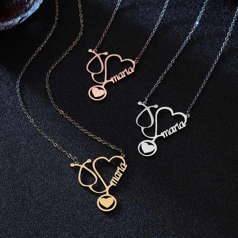 Medical Jewelry Custom Name Necklace Women Nurse Doctor Personalized Stethoscope Nameplate Heart Necklaces Girl Gifts