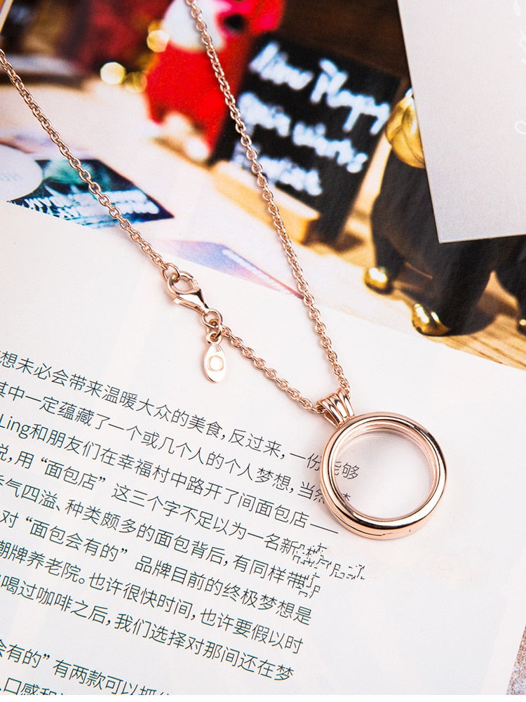 Medium floating box with crystal glass plate rose gold pan necklace (including chain and charm 60CM), 925 sterling silver