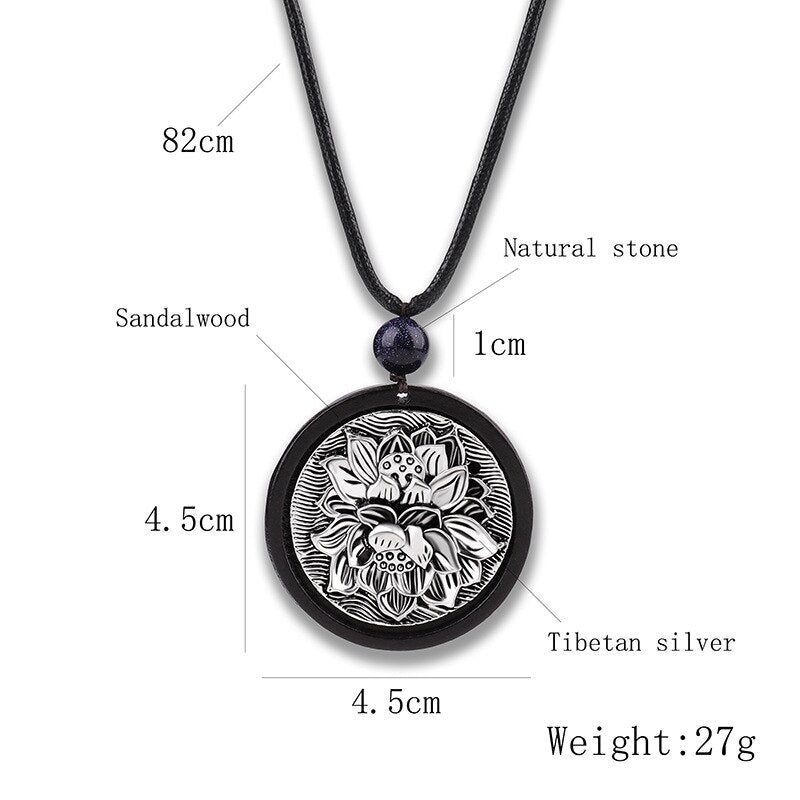 Meetvii Ethnic Sandalwood Pendant Necklaces Women Vintage Tibetan Silver Plate Lotus Long Necklace Natural Stone Yoga Jewelry