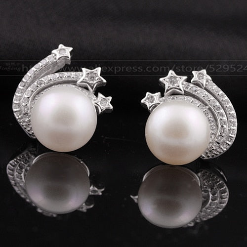 [MeiBaPJ] 9-10mm Natural Pearl Earrings for Women Stud Earrings 925 Solid Silver Stars Fashion Earrings Fine Jewelry