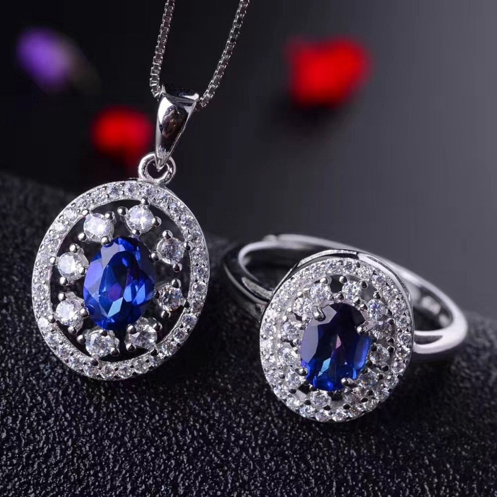 925 Pure Silver Jewelry Set Natural Tanzania Blue Topaz Necklace and Ring Fine Party Jewelry for Women