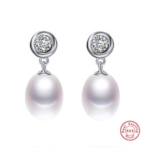 [MeiBaPJ] 925 Silver White Stone Classic Earrings Natural Pearl Stud Earring For Women Fine Jewelry With Gift Box