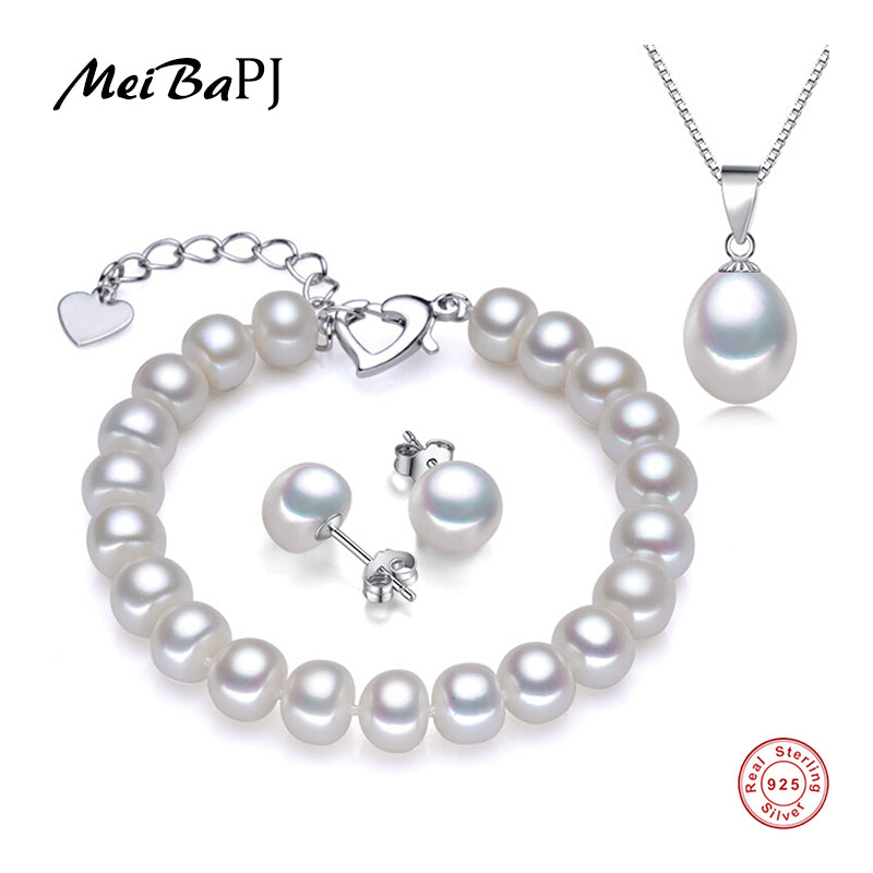 [MeiBaPJ]925 Silver top quality 100% genuine pearl jewelry sets for women pendant necklace and earrings with gift box