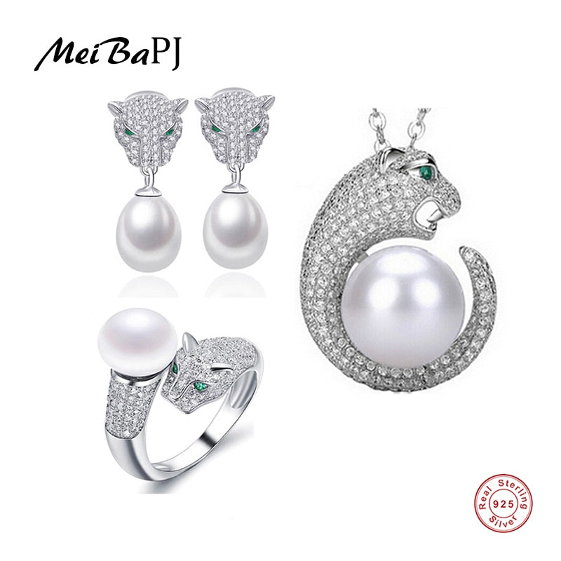 925 Sterling Silver 3 Items Pearl Leopard Necklace Earrings Bracelet Ring Natural Pearl Jewelry Set For Women TZ-087Y