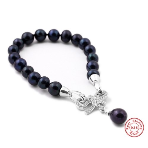 [MeiBaPJ] 925 Sterling Silver 6-7mm Fashion Black FreshwaterPearl Bracelet for Women Bow Pendant Accessaries Bangle Gift Bag