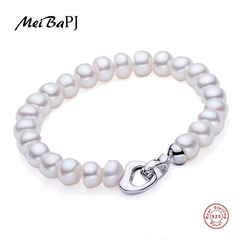 925 Sterling Silver 8-9mm Fashion Semiround Pearl Bracelet For Women Lover Heart Accessaries Bangle Gift Bag