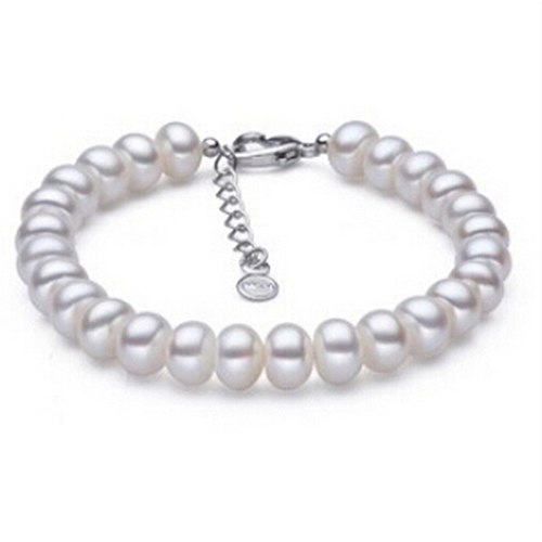[MeiBaPJ] 925 Sterling Silver 8-9mm Fashion Semiround Pearl Bracelet for Women Lover Heart Accessaries Bangle Gift Bag