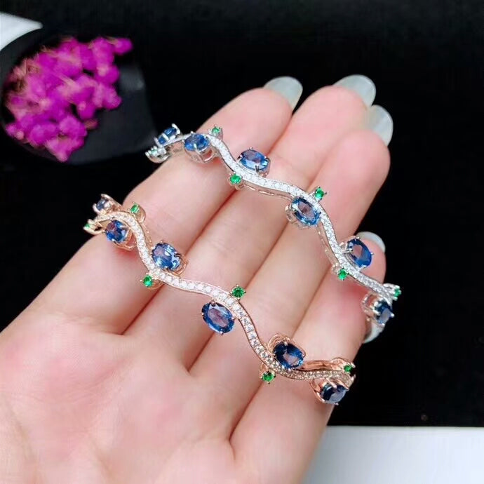 [MeiBaPJ] 925 Sterling Silver Natural Sapphire Gemstone Bracelet for Women Fine Bangle Wedding Jewelry