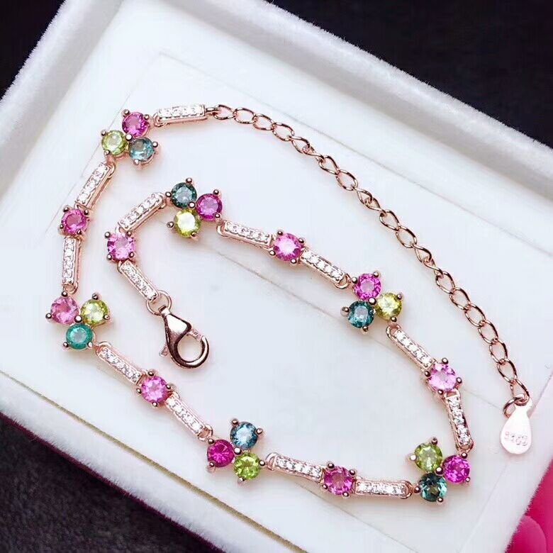 [MeiBaPJ] 925 Sterling Silver Natural Tourmaline Gemstone Bracelet for Women Fine Bangle Wedding Jewelry