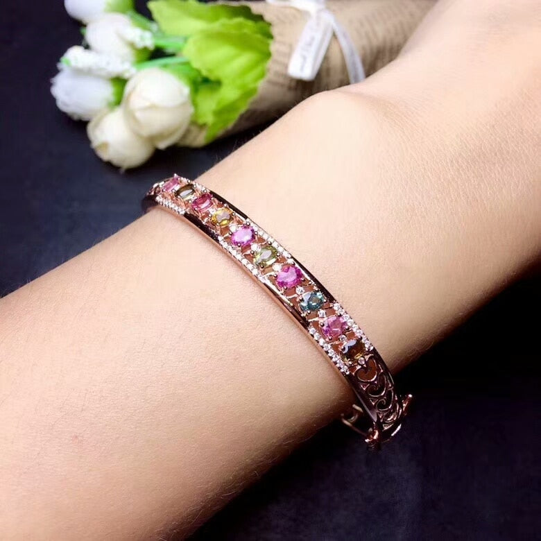 [MeiBaPJ] 925 Sterling Silver Natural Tourmaline Gemstone Bracelet for Women Fine Bangle Wedding Jewelry