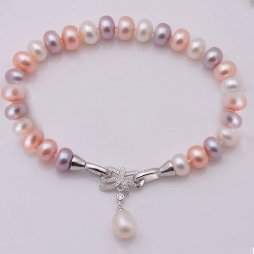 [MeiBaPJ]925 sterling silver colourfull bow bracelet 9-10mm real natural pearl bangle excellent workmanship