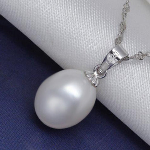 [MeiBaPJ] Classic 925 Sterling Rice Big Pearl Pendant Necklace For Women 4 Colors 9-10mm Natural Pearl Jewelry