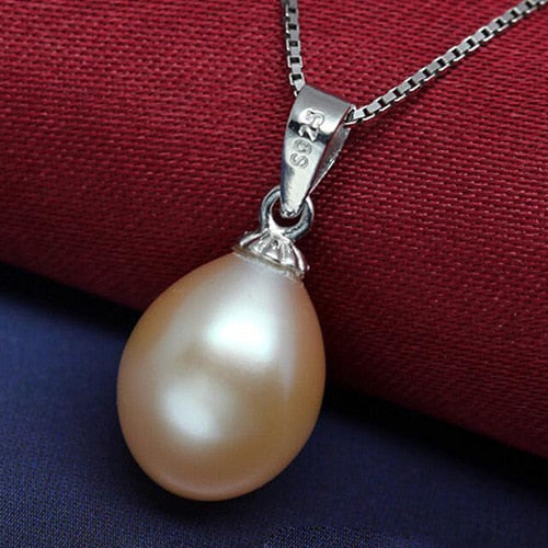 [MeiBaPJ] Classic 925 Sterling Rice Big Pearl Pendant Necklace For Women 4 Colors 9-10mm Natural Pearl Jewelry