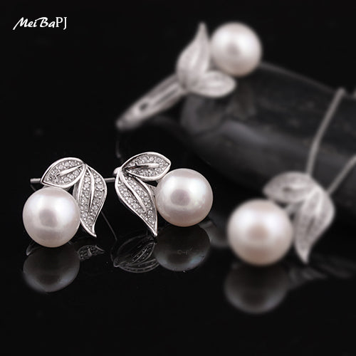 [MeiBaPJ]Classic Princess Earrings 100% real pearl earrings for women 4 colours hot selling sterling silver jewelry