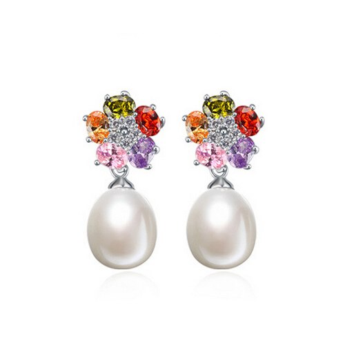 [MeiBaPJ]Elegant Plant Flower Pearl EarringsNew Fashion Colored Stone Stud Earrings Best Price 925 Silver Jewelry With Gift Box