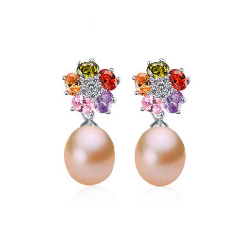 [MeiBaPJ]Elegant Plant Flower Pearl EarringsNew Fashion Colored Stone Stud Earrings Best Price 925 Silver Jewelry With Gift Box
