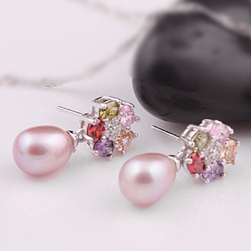 [MeiBaPJ]Elegant Plant Flower Pearl EarringsNew Fashion Colored Stone Stud Earrings Best Price 925 Silver Jewelry With Gift Box