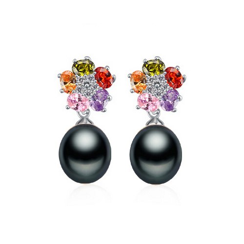 [MeiBaPJ]Elegant Plant Flower Pearl EarringsNew Fashion Colored Stone Stud Earrings Best Price 925 Silver Jewelry With Gift Box