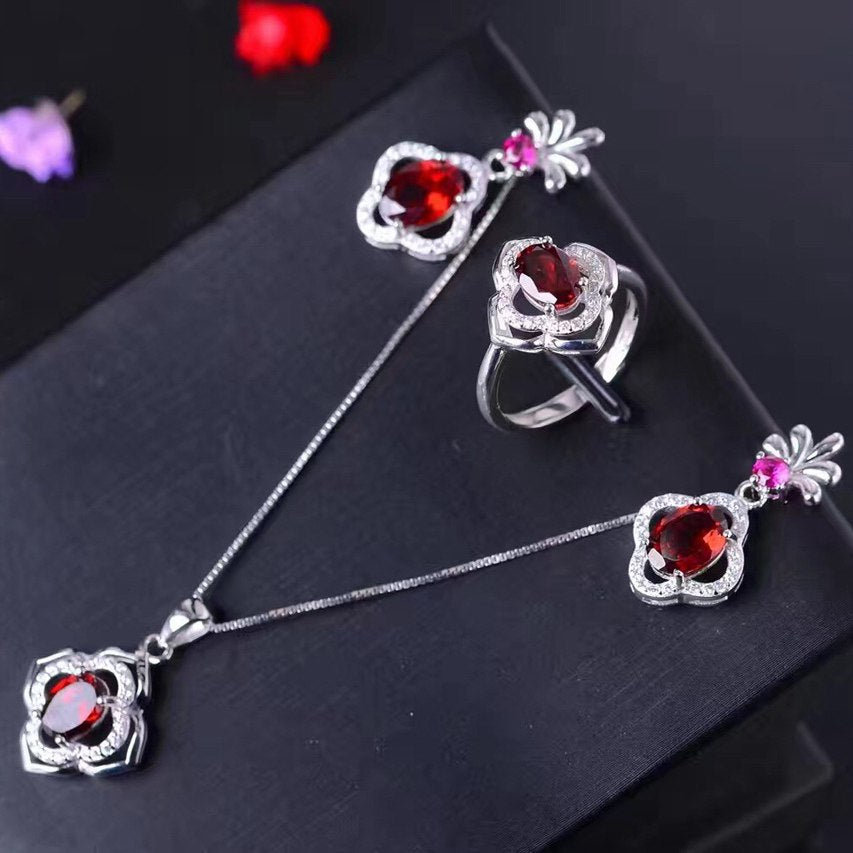[ Fine Quality Natural Red Garnet Gemstone Trendy Jewelry set for Women Real 925 Sterling Silver Charm Fine Jewelry